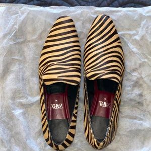 ZARA Womens Tan Black Animal Zebra Print Leather Flats Loafers Shoes